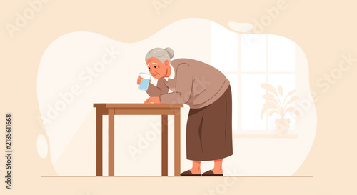 Elderly Woman Hydrating With A Glass Of Water By A Table