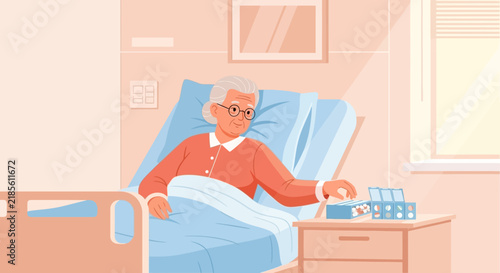 Elderly Woman In Hospital Bed Reaches For Daily Pill Organizer