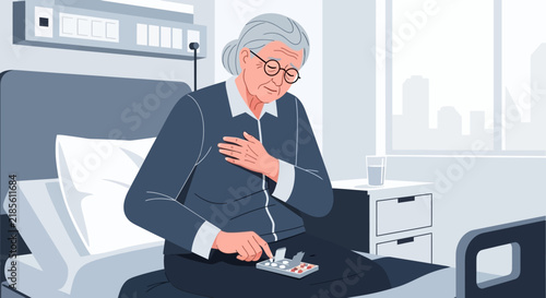 Elderly Woman In Hospital Bed Holding Chest With Medication Nearby