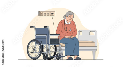 Elderly Woman In Hospital Bed With Wheelchair And Stethoscope