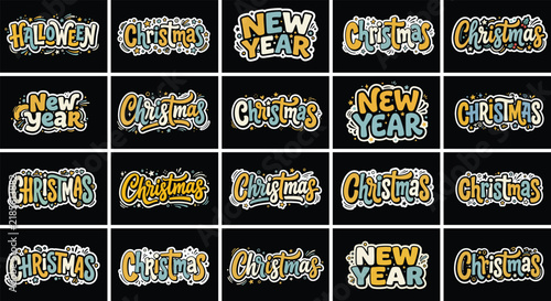 Set of colorful holiday typography labels featuring christmas and new year greeting text designs in a creative graffiti street art style for festive seasonal celebrations, t shirt design