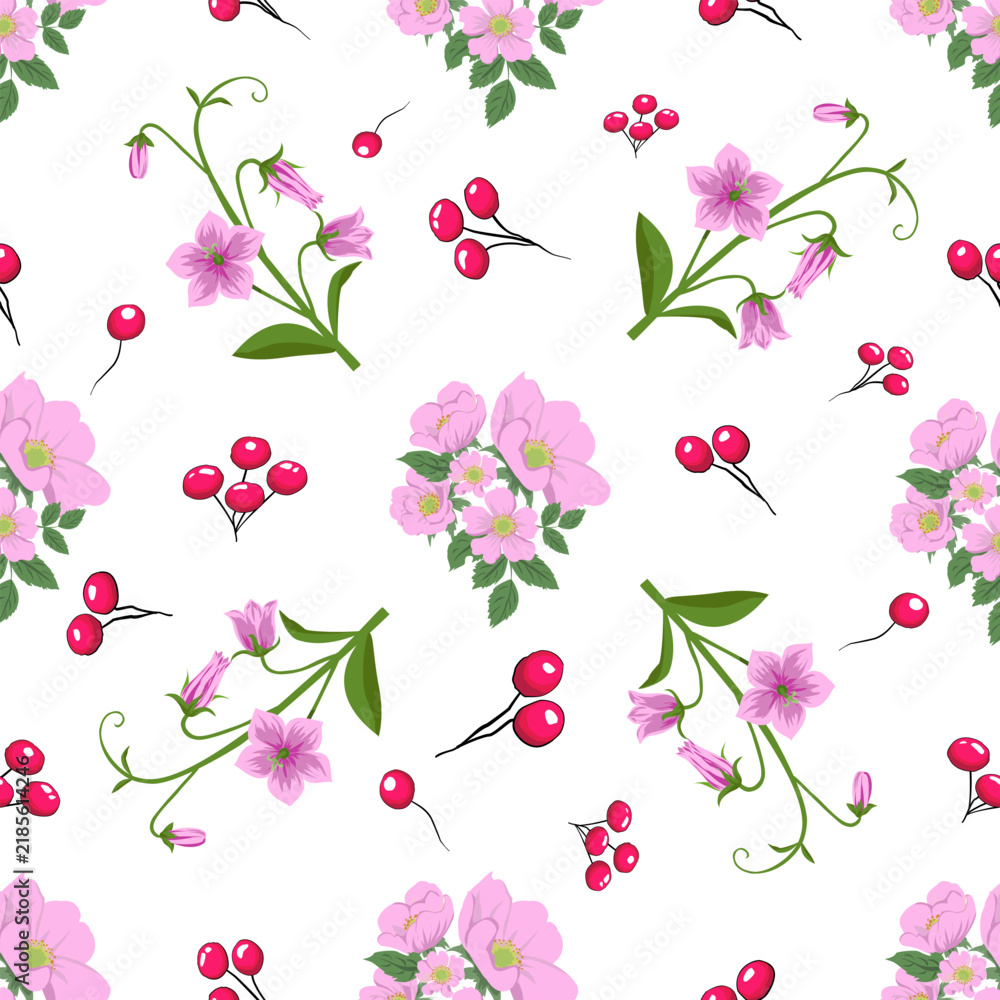 Obraz premium seamless pattern with pink flowers, vector, nature, floral, illustration, design, card, leaf, art, cherry, summer, bouquet, frame.