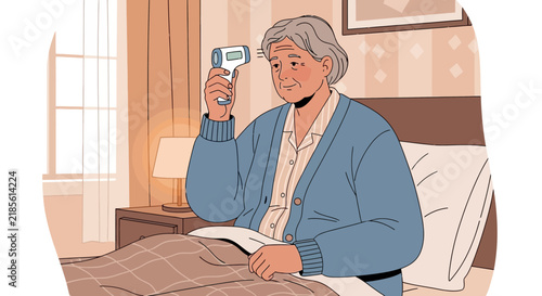 Elderly Woman Checks Temperature With Digital Thermometer At Home