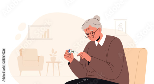 Elderly Woman Checks Temperature With Thermometer At Home