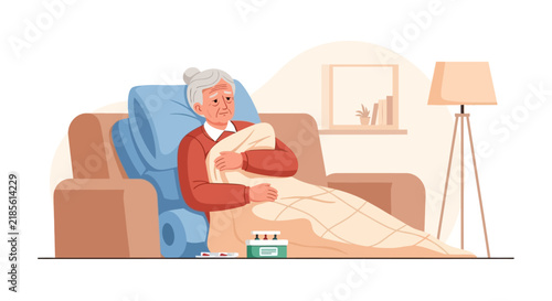 Elderly Woman Comfortably Seated Feeling Unwell Covered With Blanket