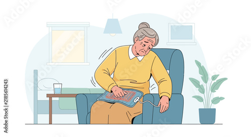 Elderly Woman Comfortably Uses Electric Heating Pad For Pain Relief