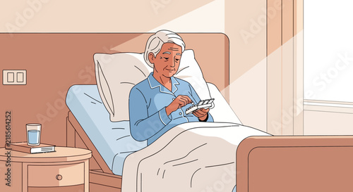 Elderly Person Using Mobile Phone In Hospital Bed Sunlight Brightness Warm Atmosphere