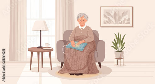 Elderly Woman Comfortably Relaxing With A Warm Pad