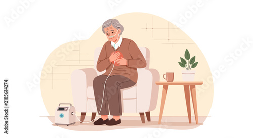 Elderly Person Using Oxygen Concentrator At Home Providing Relief