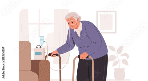 Elderly Person Using Oxygen Concentrator Walker Support In Home