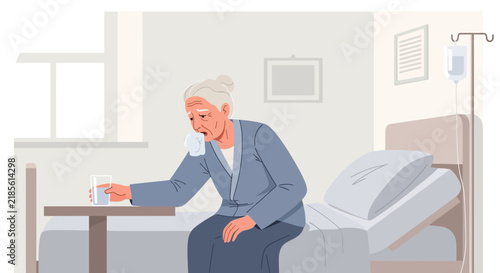 Elderly Woman Coughing into Tissue in Hospital Room Receiving Care