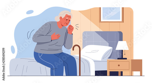 Elderly Woman Coughing in Bedroom Showing Sickness and Discomfort