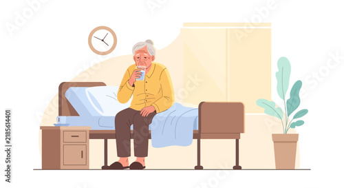 Elderly Person Sipping Water On Hospital Bed