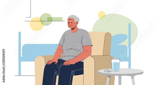 Elderly Person Sitting In An Armchair Near A Bed With A Glass Of Water