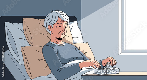 Elderly Person Sitting In Bed With Medication Box