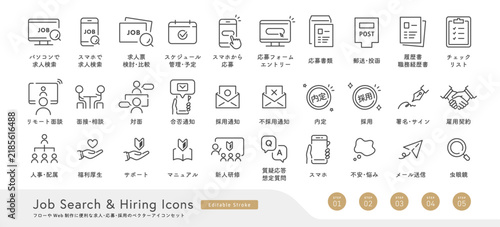 Naklejka フローやWeb制作に使える求人･応募･採用のベクターアイコンセット（就活・転職）Editable Stroke, 線画, モノクロ