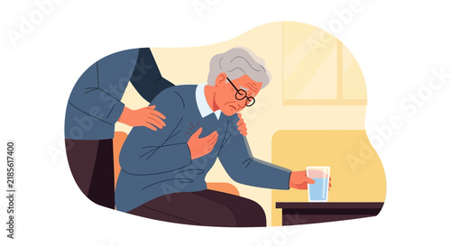 Elderly Person Experiencing Chest Pain Assisted By Supportive Caregiver
