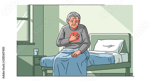 Elderly Person Experiencing Chest Pain Sitting on Hospital Bed