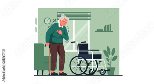 Elderly Person Experiencing Chest Pain While Holding Cane Near Wheelchair