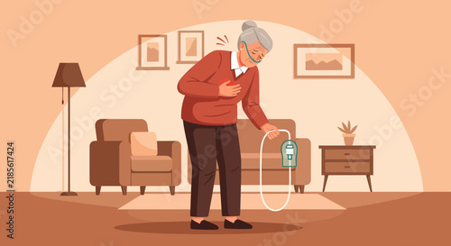 Elderly Person Experiencing Chest Pain While Using Oxygen Concentrator At Home