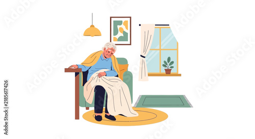 Elderly Person Feeling Down Indoors Warmly Covered