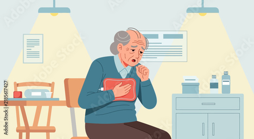 Elderly Person Experiencing Discomfort Holding A Hot Water Bag While Sitting