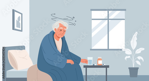 Elderly Person Feeling Dizzy With Medication On Bedside Table