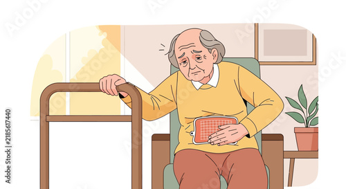 Elderly Person Experiencing Discomfort Holding A Hot Water Bottle On Their Stomach