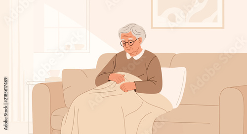 Elderly Person Feeling Lonely And Sad Sitting On A Sofa At Home