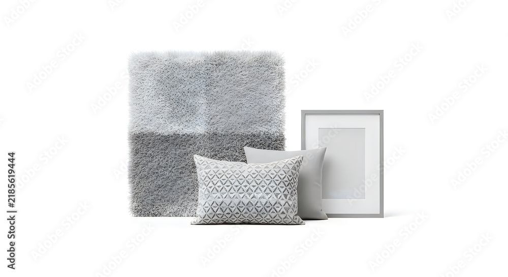 Fototapeta premium Decorative grey pillows and a blank picture frame isolated on a clean white studio background