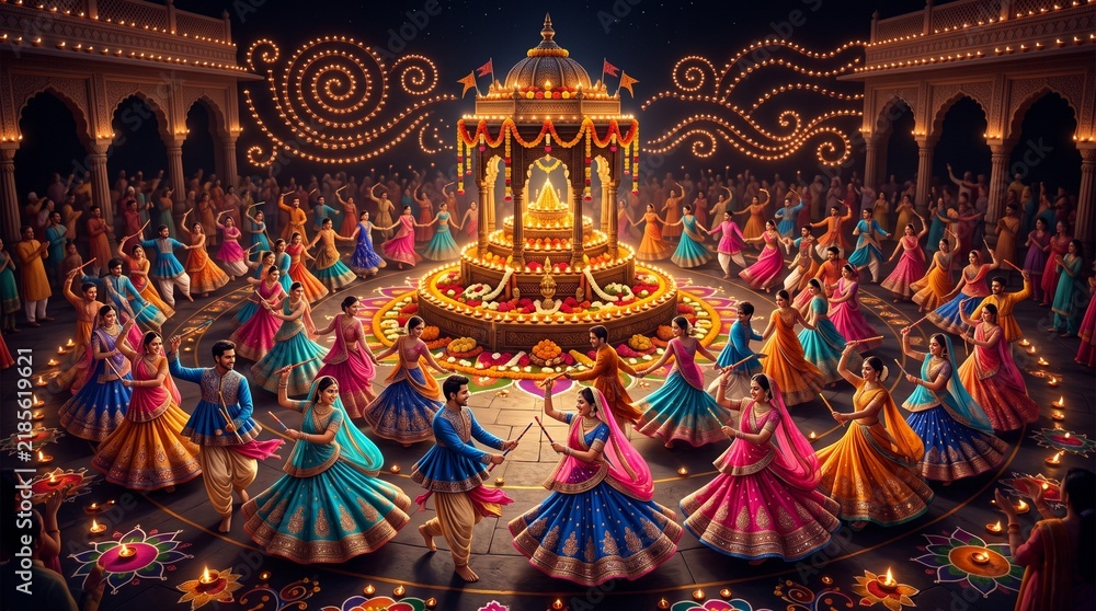 Fototapeta premium People dancing garba around a decorated shrine during navratri festival