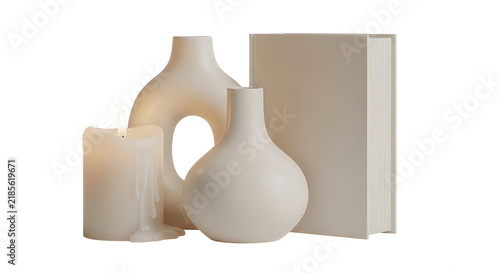 Modern beige ceramic vases with a burning candle and a closed book for home decor and interior design
