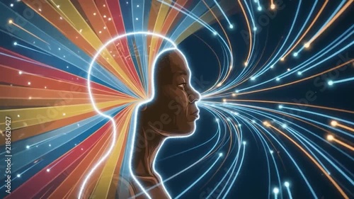 Human mind and consciousness, conceptual artwork of a person looking into the future with glowing data streams