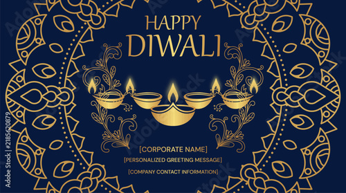 Happy diwali corporate greeting card with golden diyas and mandala frame