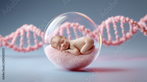 Sleeping newborn baby inside transparent sphere with soft pink cushion and DNA strand in background, concept of genetics, life creation and future biotechnology