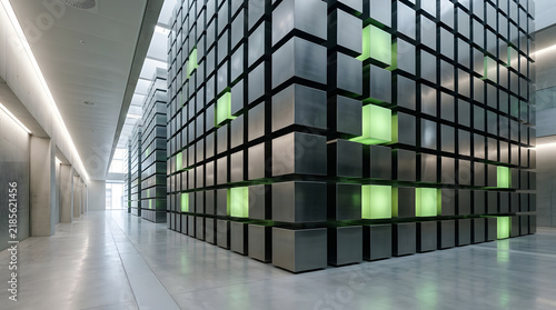 Modern interior architecture featuring large geometric metallic structures with glowing green panels inside a bright spacious hallway