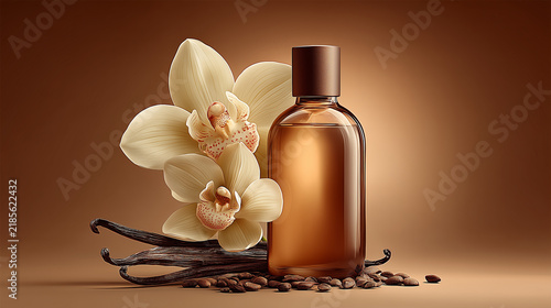 Luxury perfume bottle with vanilla pods and orchid flower, elegant fragrance composition with warm tones and beauty product aesthetic