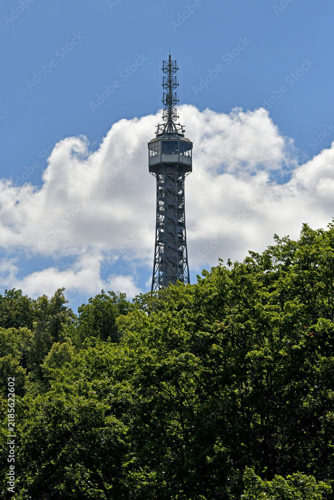 Obraz premium The steel framework of Petrin Lookout Tower rising above lush green treetop foliage under a bright blue sky with fluffy white clouds in Prague.