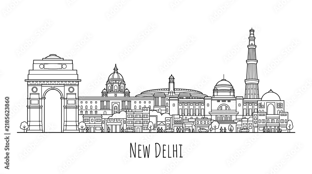 Obraz premium New Delhi Skyline Outline, India Landmarks, Doodle Art, Vector Illustration