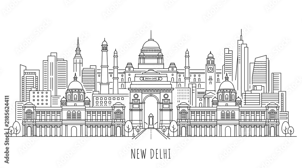 Obraz premium New Delhi Skyline Line Art - India Gate, Parliament, Modern Buildings