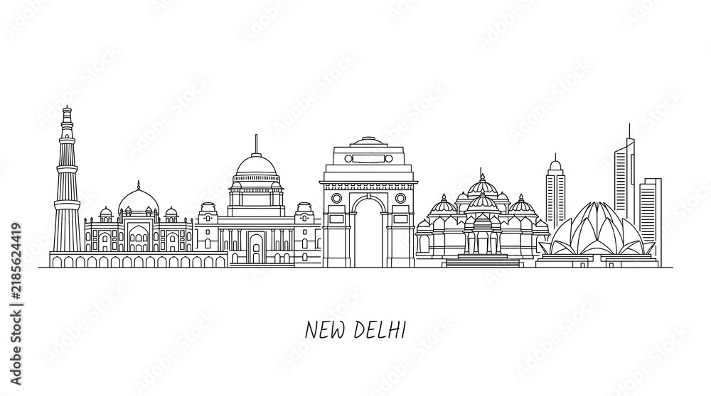 Obraz premium New Delhi Skyline Line Art: Iconic Landmarks in India's Capital City