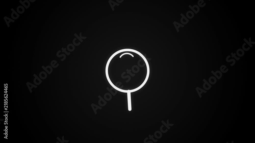Minimalist white outline magnifying glass icon on a stark black background, symbolizing search, discovery, zoom, and focus for digital interfaces and conceptual representations