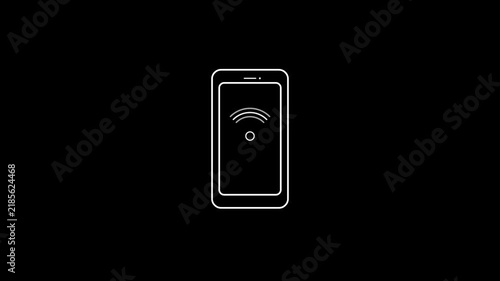 Minimalist white outline icon of a smartphone mobile device displaying a wireless signal connection symbol on a black background