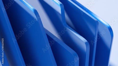 Abstract blue plastic sheets arranged in a row for modern industrial design background.