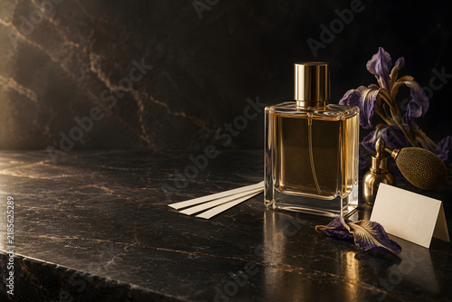 Elegance Embodied: A luxurious perfume bottle rests on a polished dark marble surface, adorned with delicate dried flowers and scent testing strips, evoking sophistication and allure.