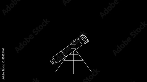 White minimalist telescope line art icon on black background for astronomy and stargazing projects
