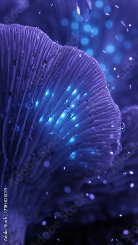 Giant Mushrooms Glowing Blue in Dark Forest Setting