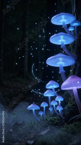 Mushrooms Glowing in Night Forest Lighting Up a Magical Scene