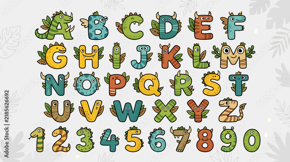 Fototapeta premium Cute Cartoon Monster Alphabet & Numbers - Fantasy ABCs for Kids