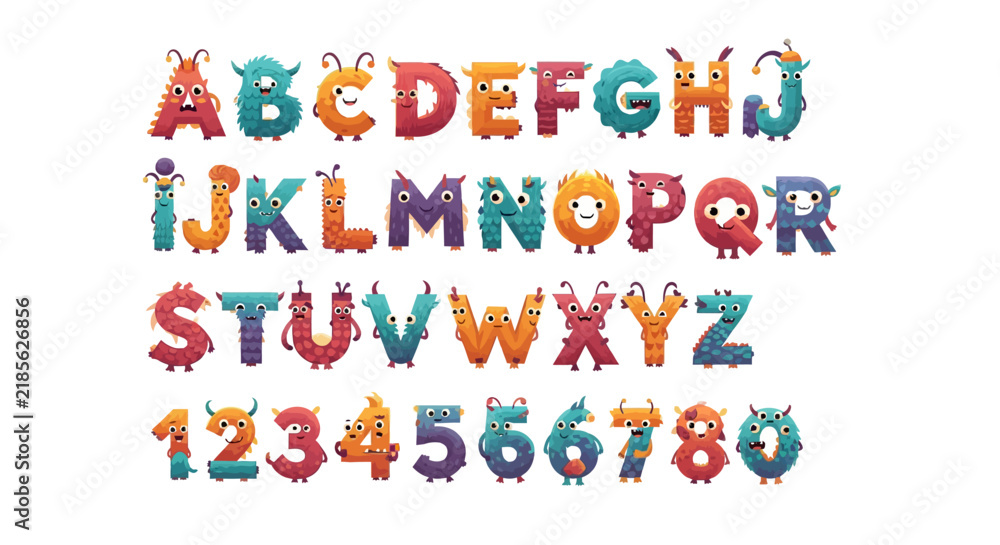 Fototapeta premium Cute Monster Alphabet and Numbers Set - Cartoon Letters & Digits Illustrations